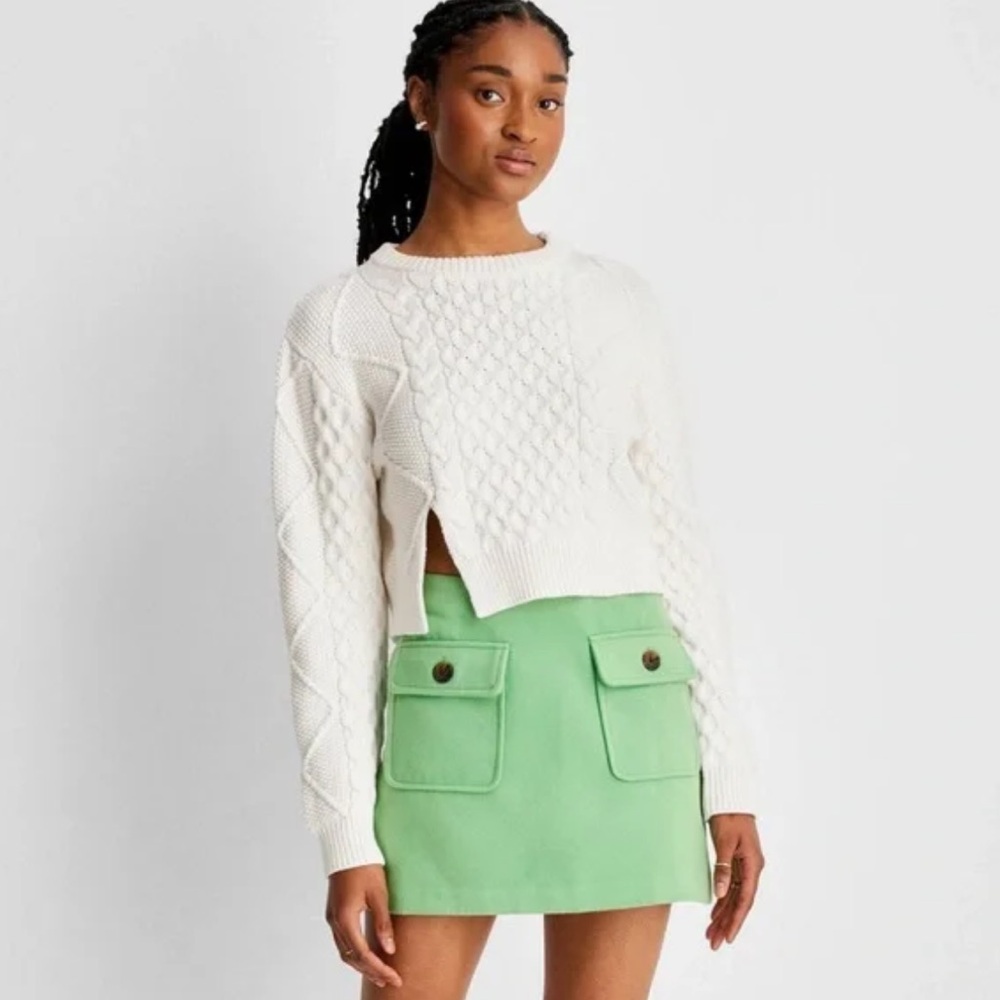 Future Collective Reese Blutstein Cream Cable Knit Cropped Sweater Size Medium